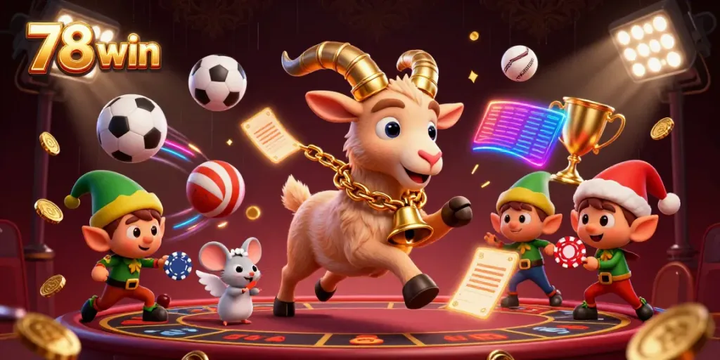 78 win promotional scene with Krampus goat and festive elements in a dynamic casino setting.