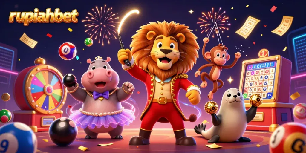 Experience excitement with rupiahbet's lively 3D circus scene filled with colorful gaming elements.