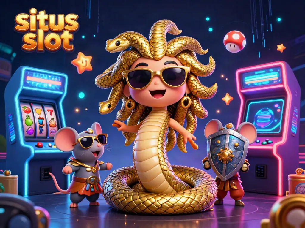 Experience excitement with situs slot featuring friendly Medusa, warrior mouse, and casino elements.