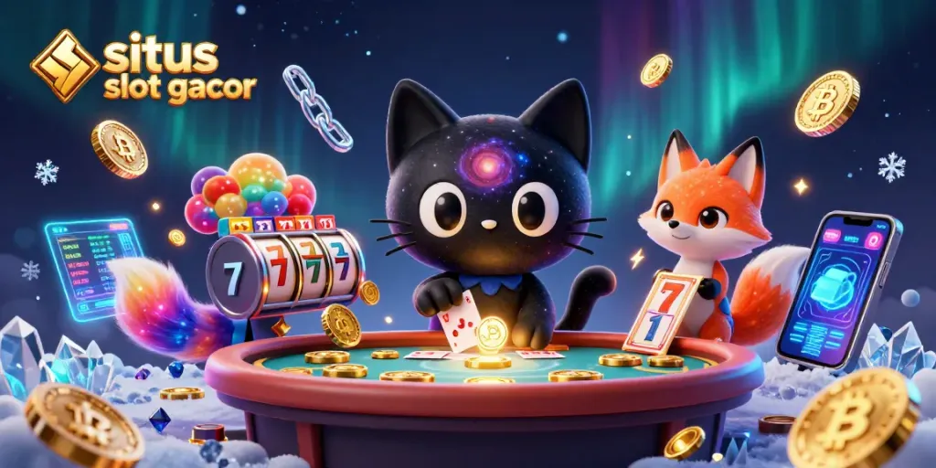 Menangkan slot gacor dengan kucing hitam yang mengedukasi, dikelilingi berbagai simbol permainan kasino.