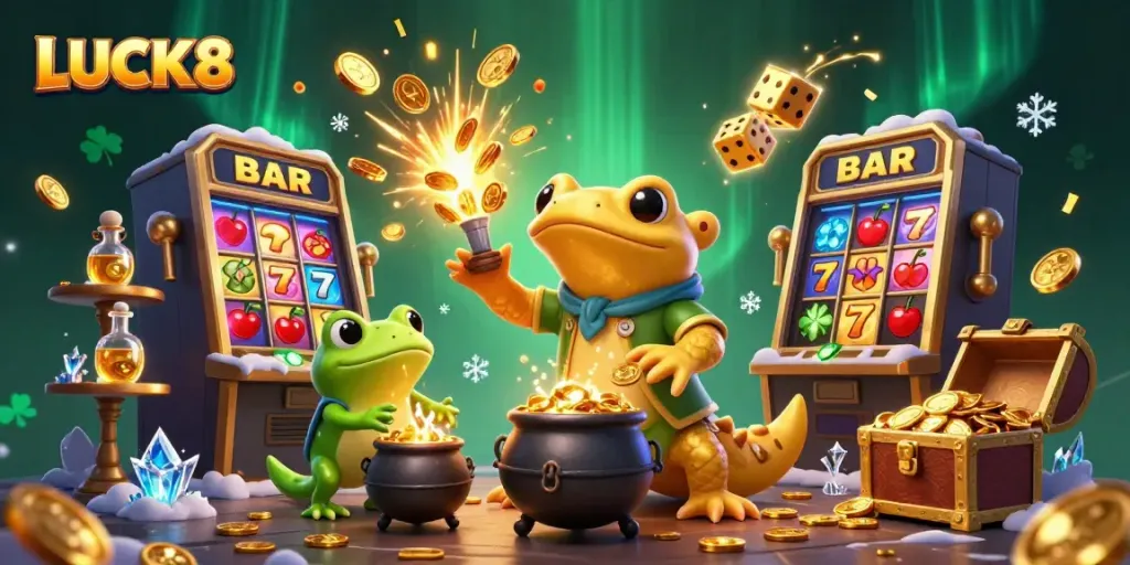 LUCK8 casino scene with a golden salamander alchemist creating wealth in a vibrant setting