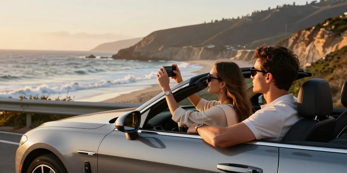 Pasangan sebanding perayaan LUXURY 777 di mobil mewah di tepi pantai saat matahari terbenam.