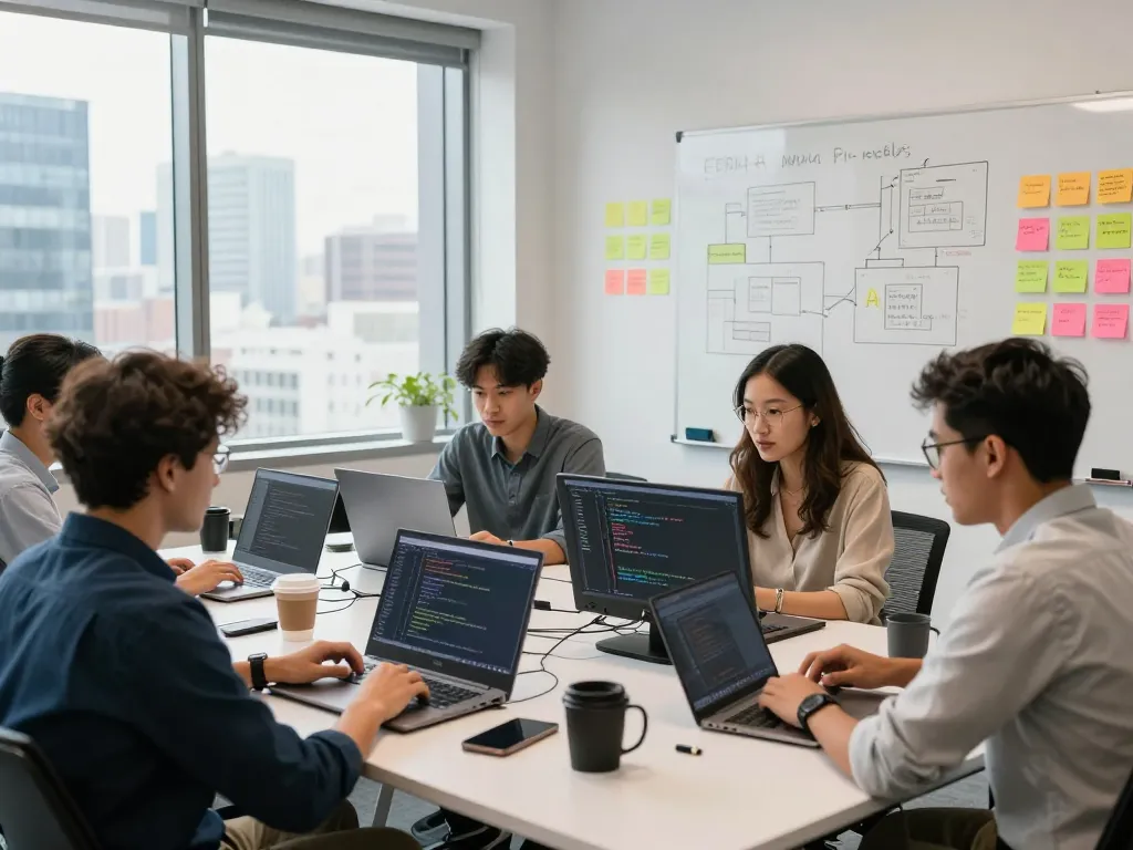 Team of developers collaborating on crush ai software in a modern office.