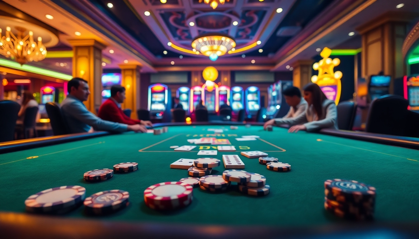 Engaging players in a thrilling online Dominoqiu poker scene with vibrant casino elements.
