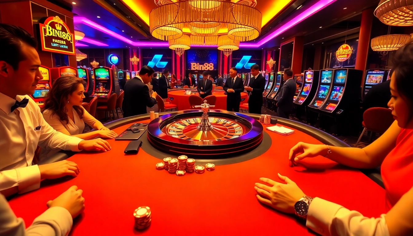 Betting excitement at Bin88's professional casino table scene with poker players and roulette