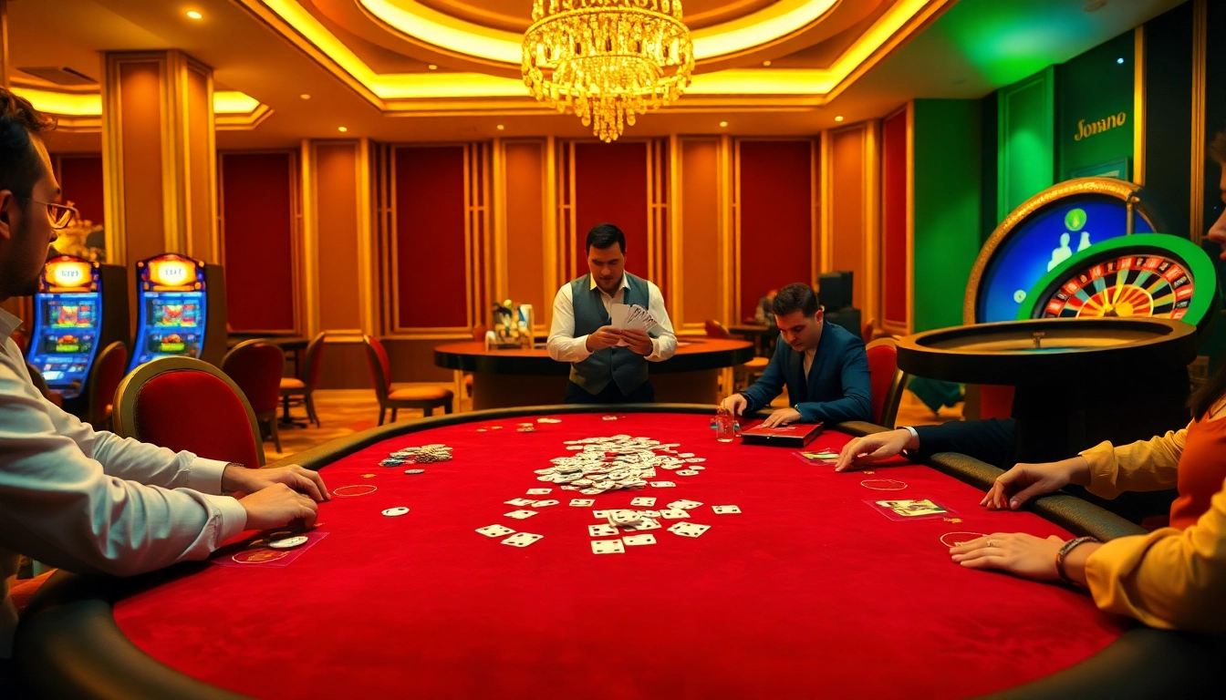 Engaged players enjoying Dominoqiu at a lively poker table in a vibrant casino setting.