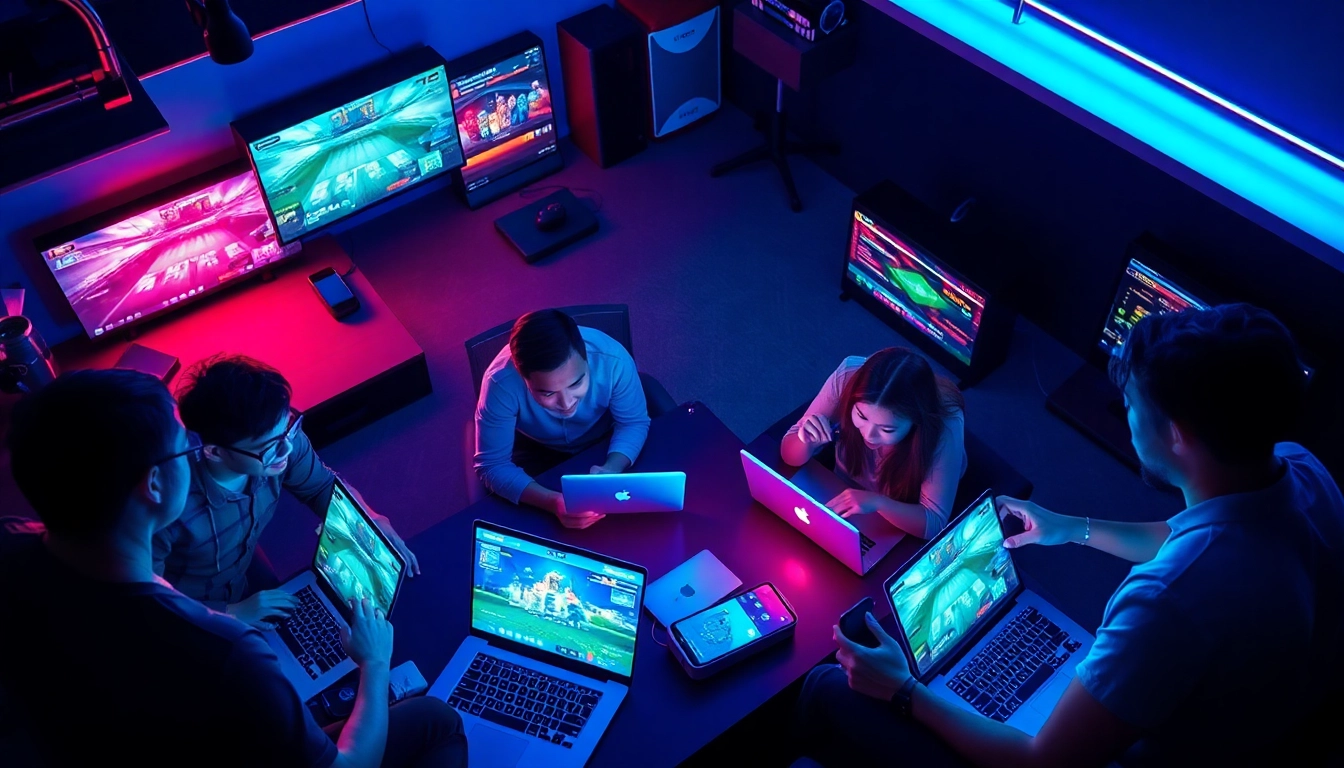 Engaging scene of players enjoying online games at asupantoto with vibrant colors and modern tech.