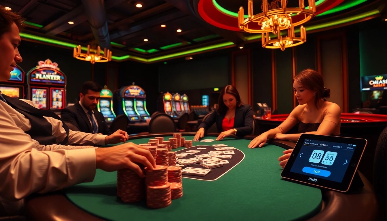 Engaging gameplay scene focusing on Đăng nhập DH88, highlighting poker and slot machines in a luxurious casino.