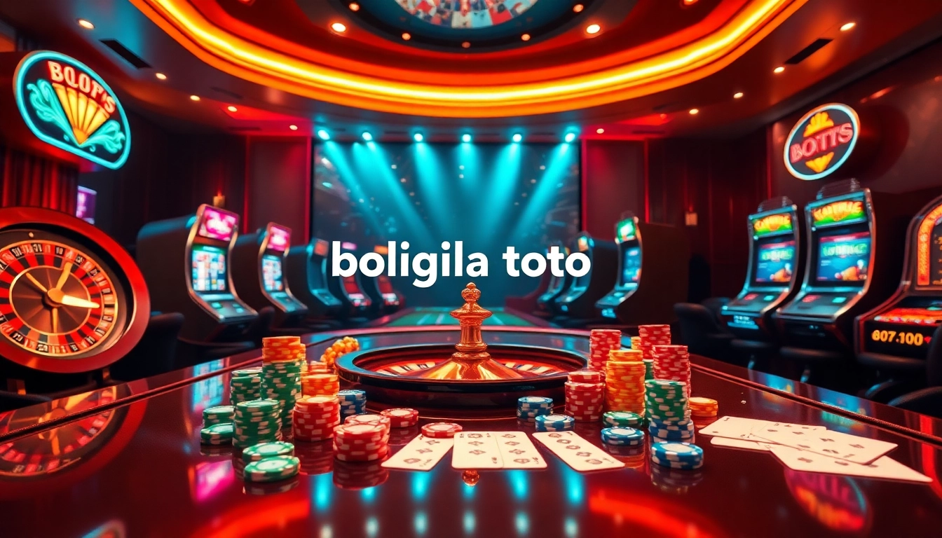 Play exciting bolagila toto at a luxurious online casino featuring vibrant slot machines and a roulette wheel.
