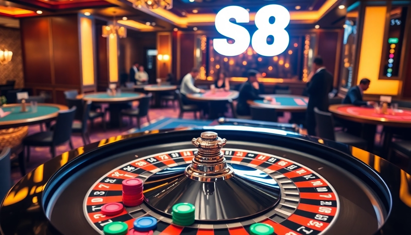 Betting excitement at a roulette table in a luxury casino themed around S8.