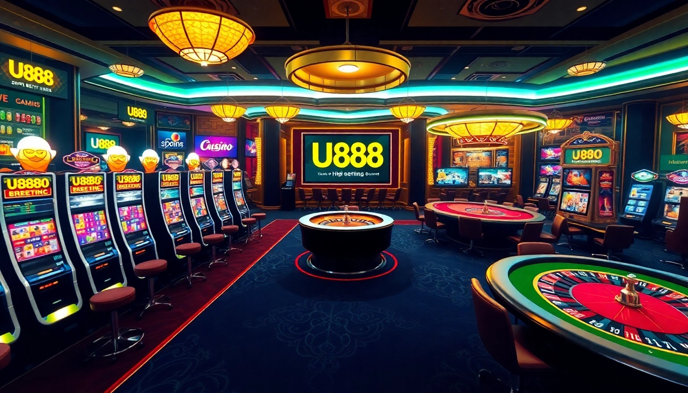 An immersive view of the U888 online casino showcasing vibrant slot machines and a roulette table, capturing the essence of high-stakes gaming excitement.