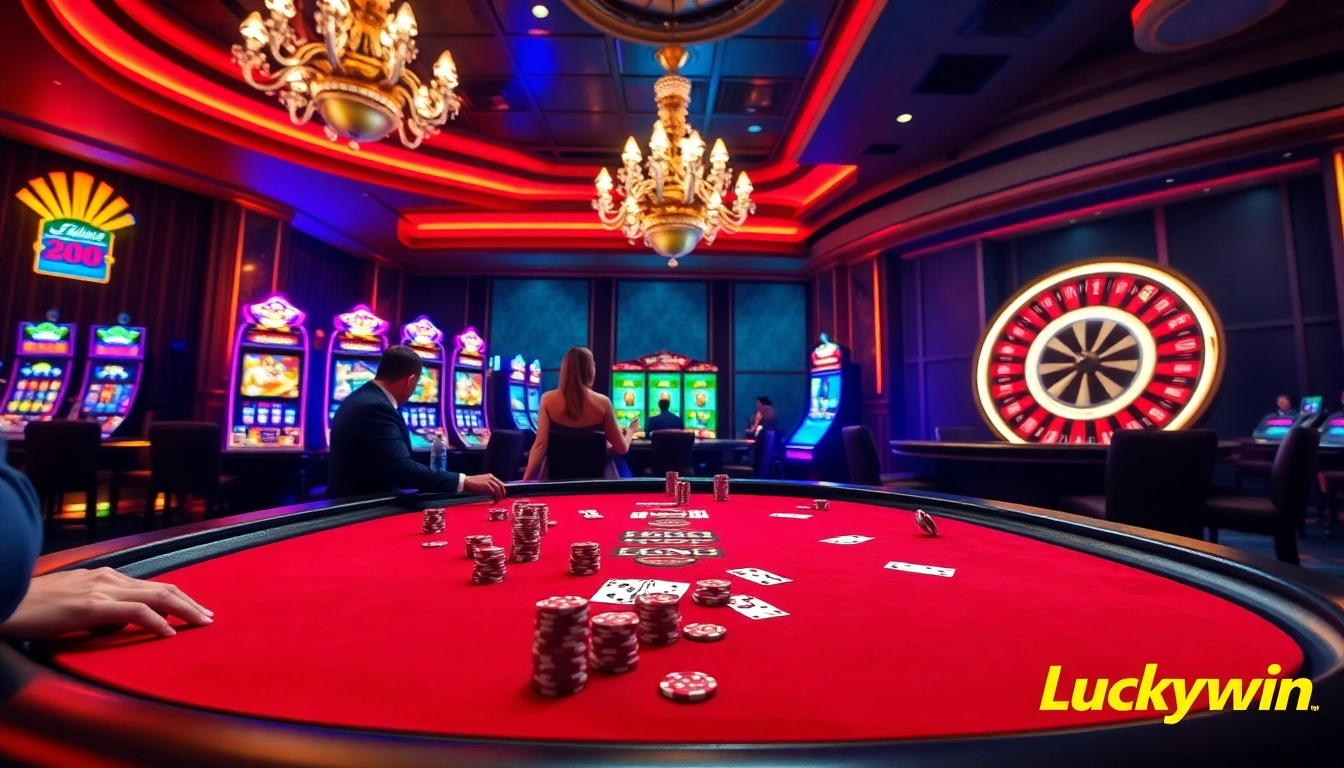 Experience excitement at Luckywin's vibrant casino with players at a poker table.