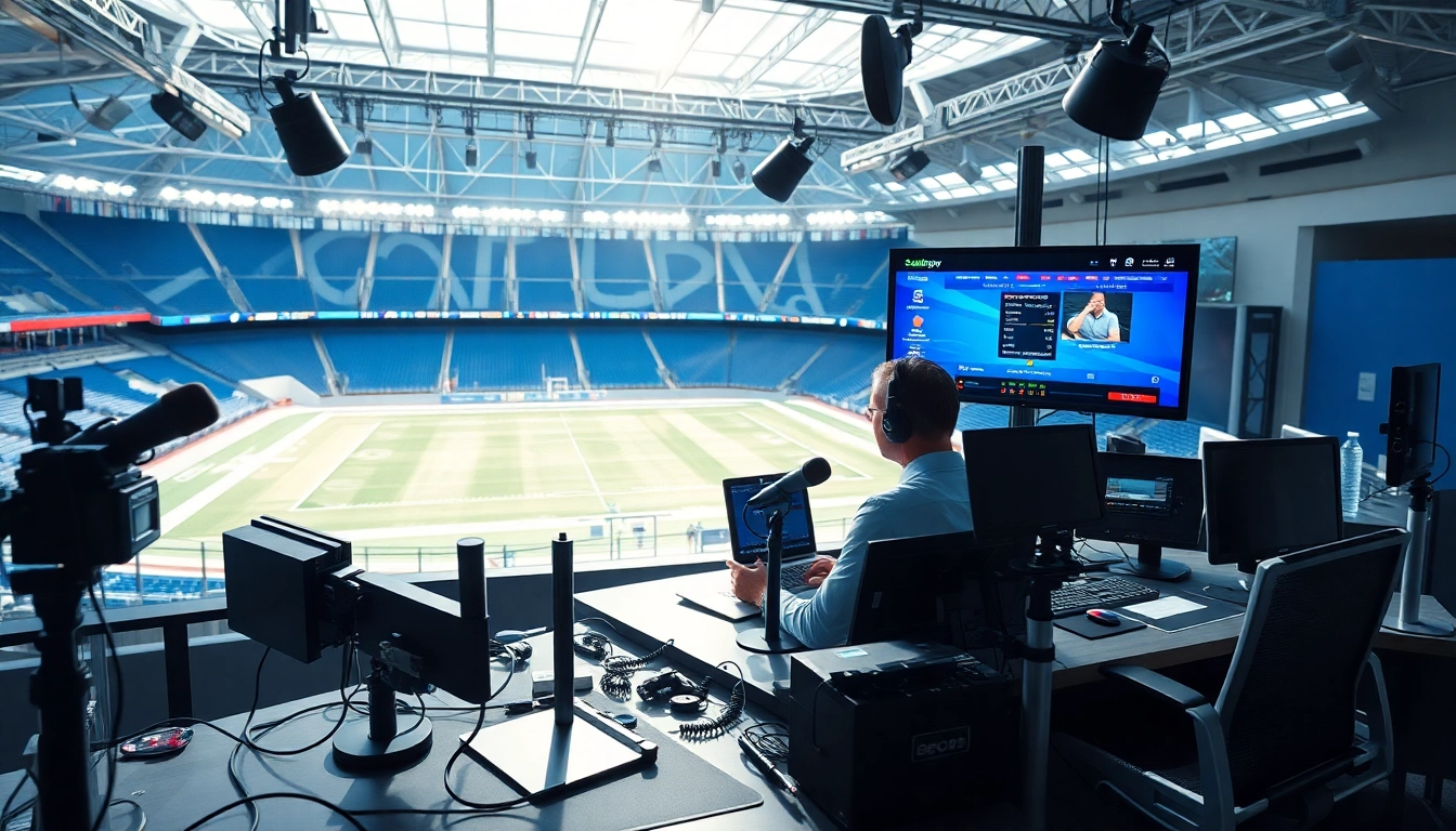 Engaging scene of sports broadcasting with broadcaster in high-tech studio and live sports footage.