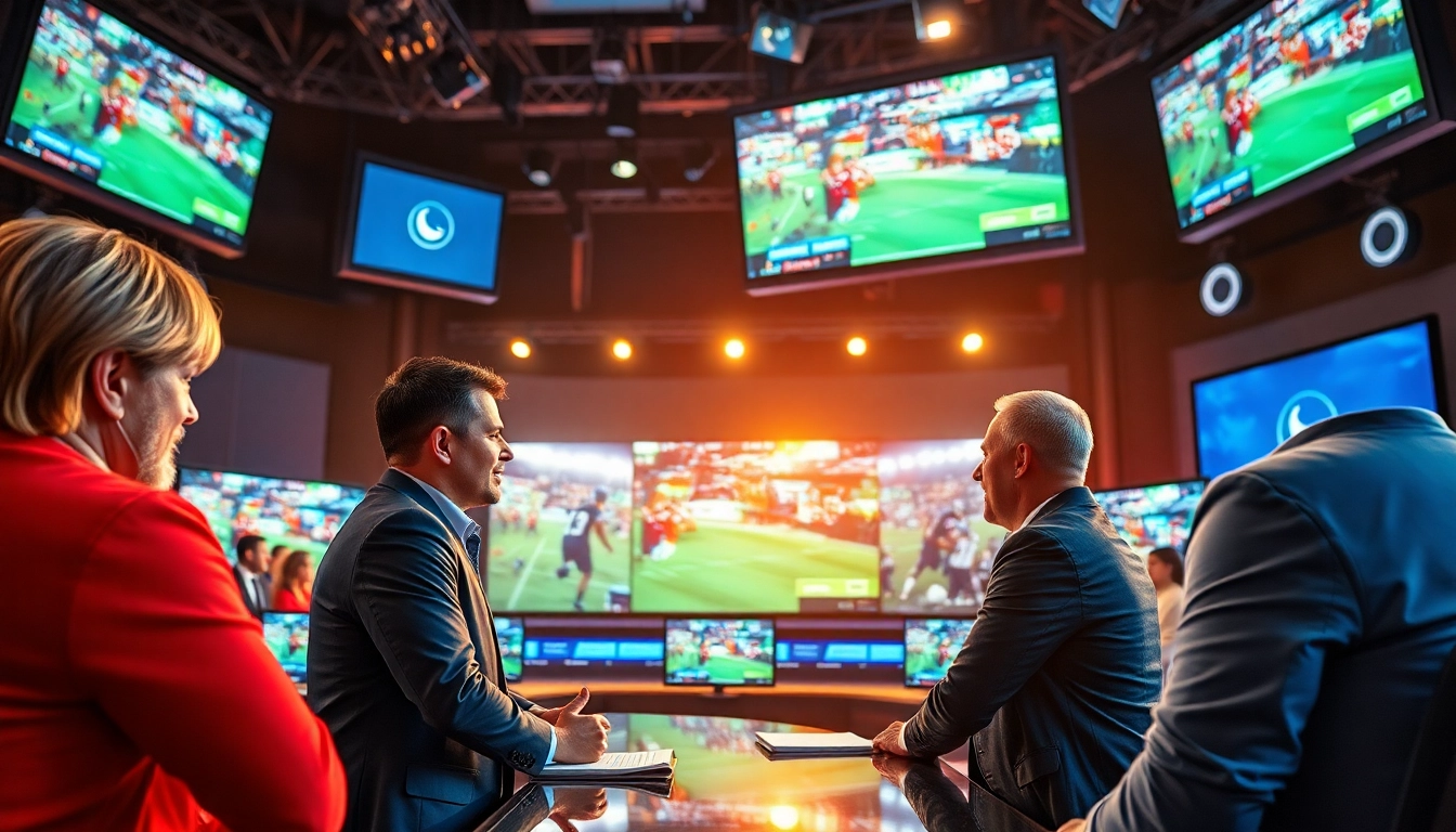 Engage with dynamic sports broadcasting, featuring hosts in a vibrant studio setting with live event displays.