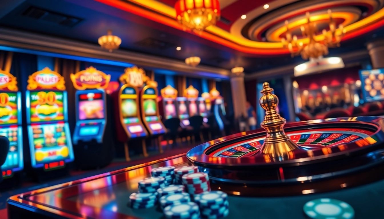 Experience the thrilling action at onicplay with vibrant slot machines and poker chips in an online casino.