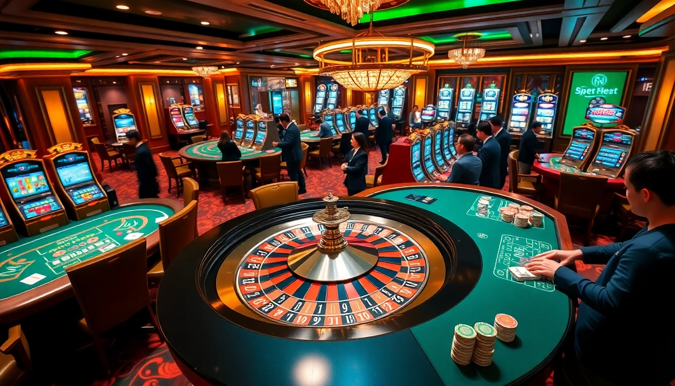 Players enjoying casino excitement at https://89bet.green/ with roulette and poker tables.