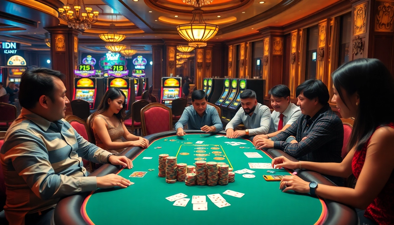 Engaging poker game atmosphere at a casino featuring daftar idn poker and vibrant gambling elements.