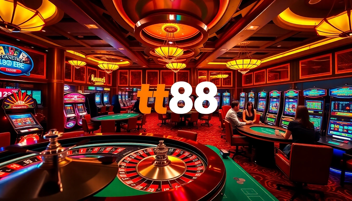Exciting casino action at tt88 with players at roulette and poker tables