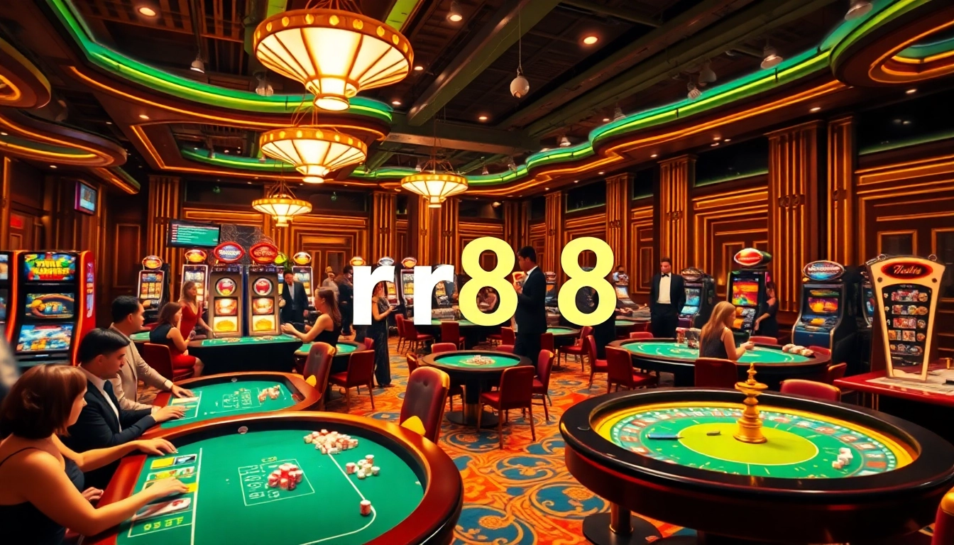 Exciting casino scene showcasing rr88 with roulette wheels, poker tables, and vibrant players.