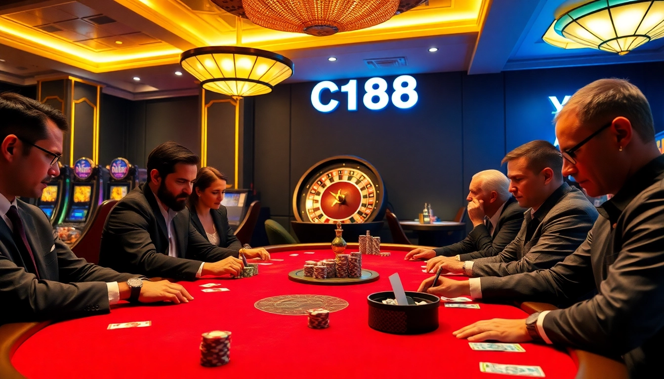 Players strategizing at a C168 poker table in a vibrant casino atmosphere, showcasing excitement and luxury.