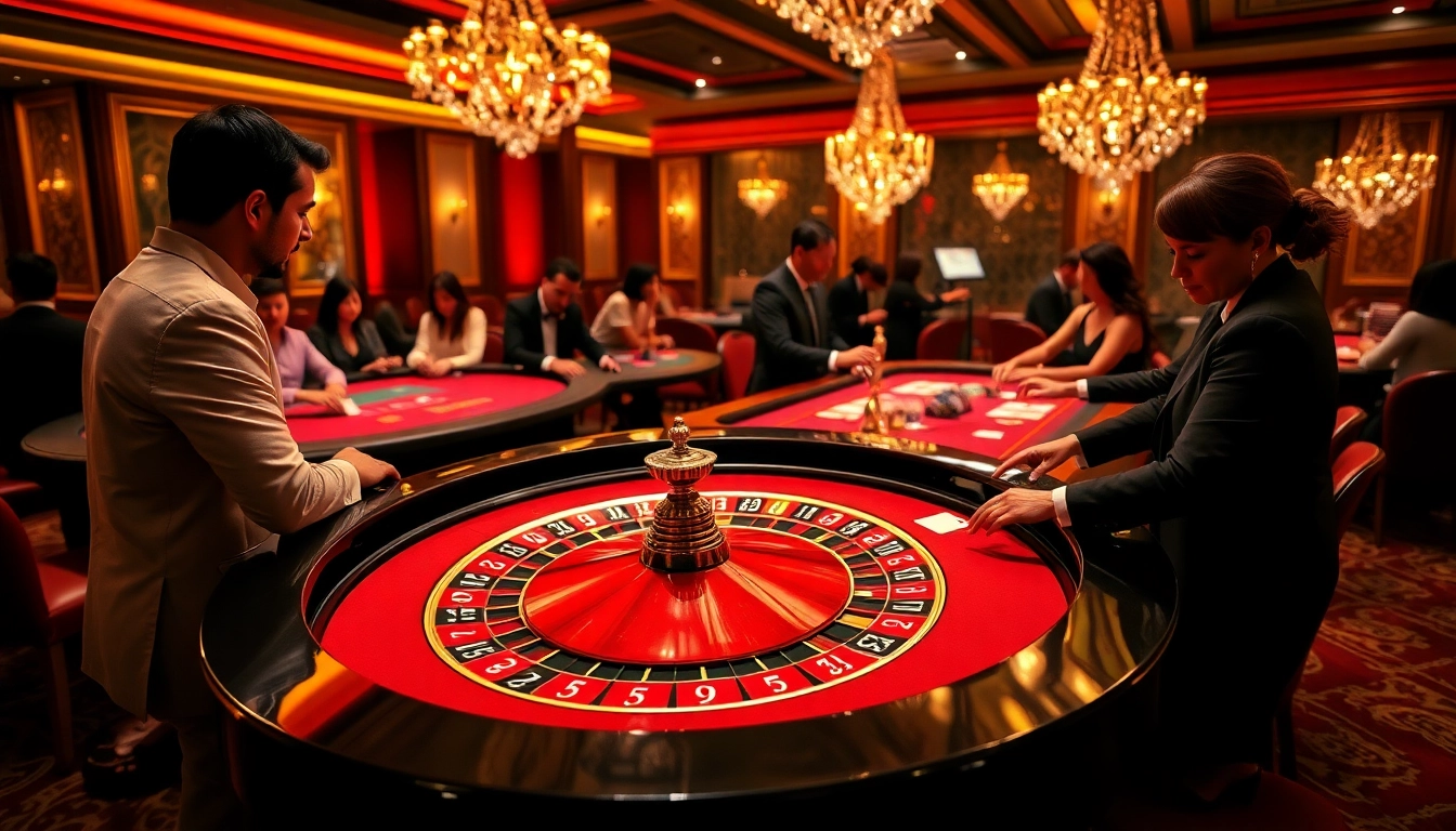 Engaging casino scene with NA777 branding, showcasing a roulette table and poker game.