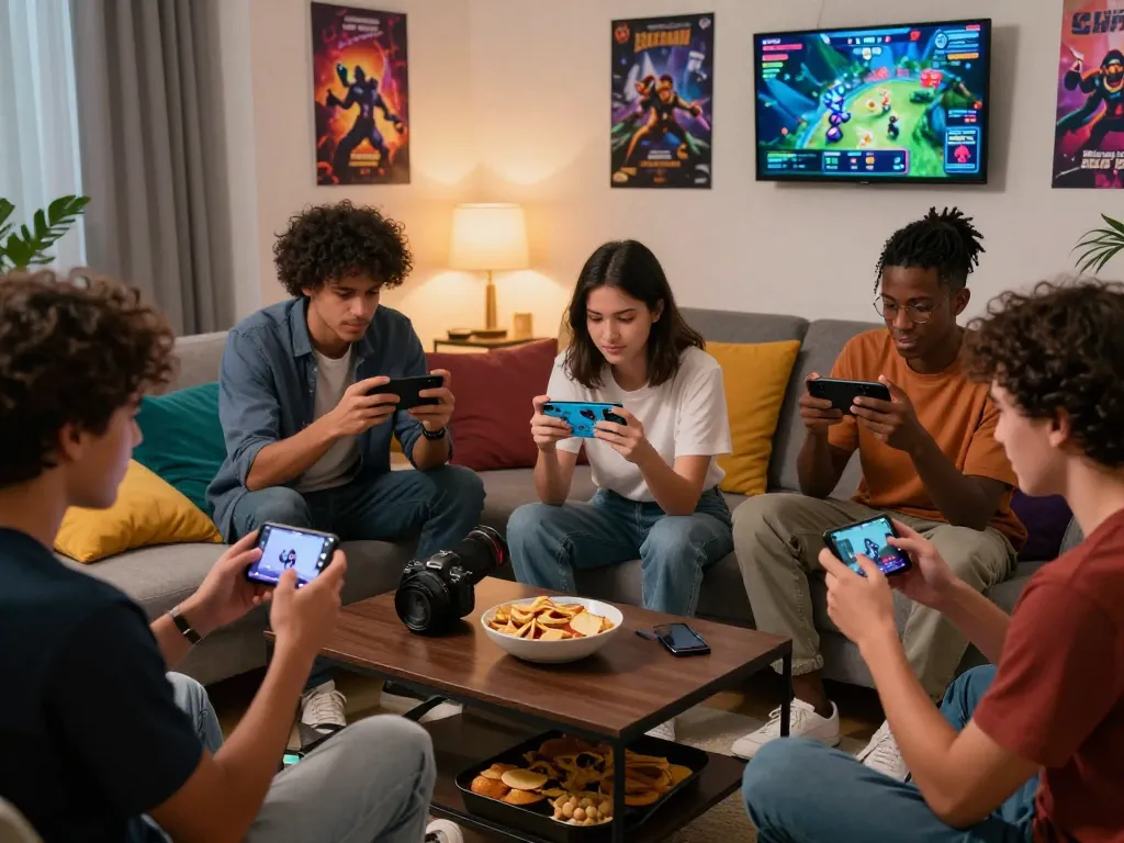 Engaged friends enjoying the mantra88 link in a vibrant gaming setting with mobile devices and snacks.