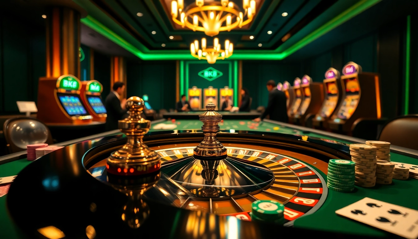 Experience the thrill of BK8 casino with vibrant tables, poker chips, and roulette.