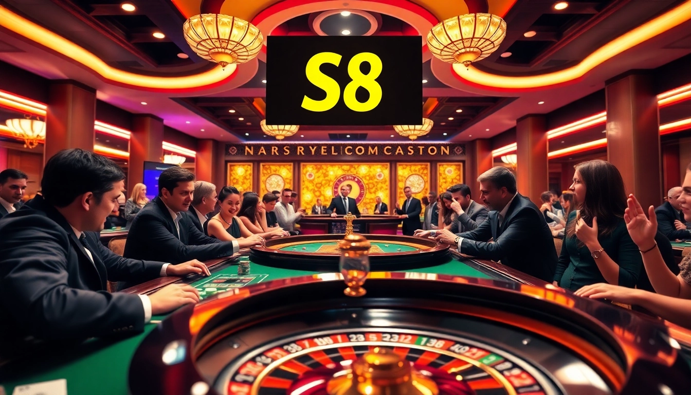 Players enjoying a vibrant gaming experience at S8 casino with poker chips and roulette wheels.