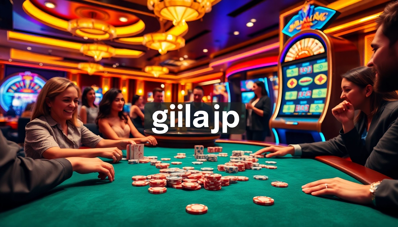 Players engaging in high-stakes poker at a luxurious casino table featuring gilajp-themed decorations.