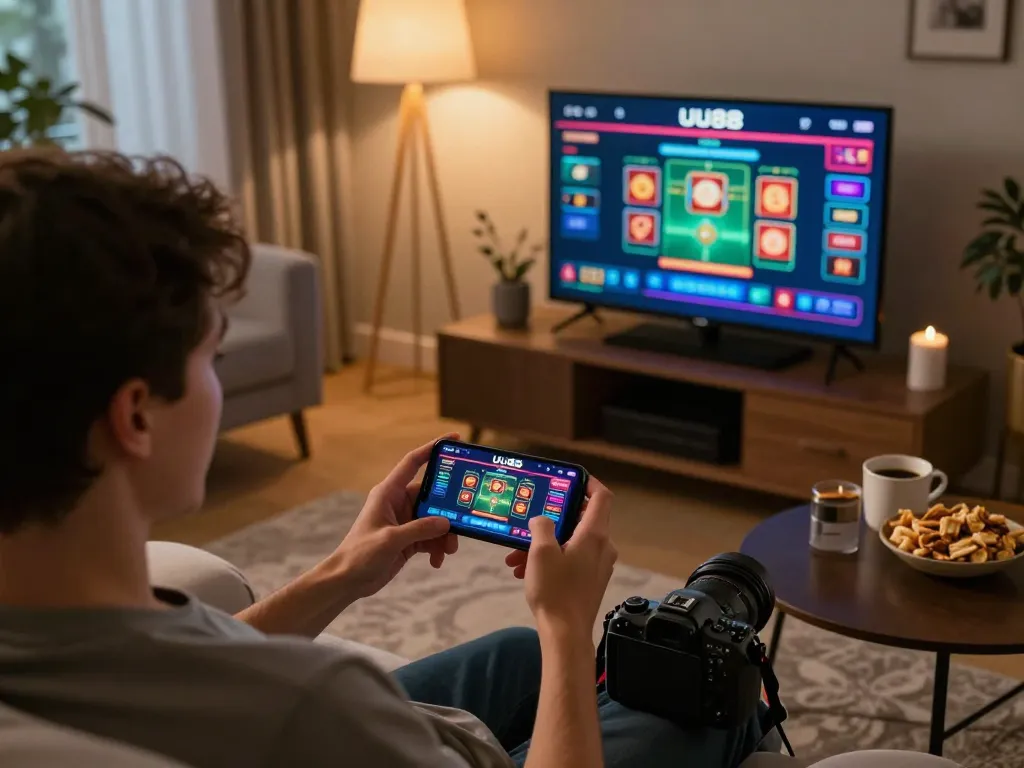 Engaged player using UU88 app on smartphone for dynamic online casino gaming at home.