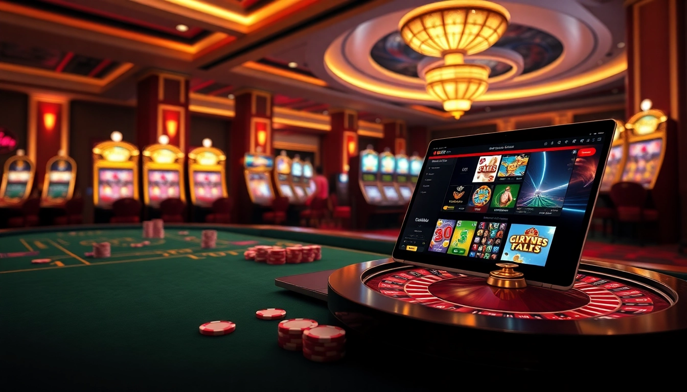 Experience thrilling online gambling with CM88 in a luxurious casino setting featuring vibrant gaming tables.