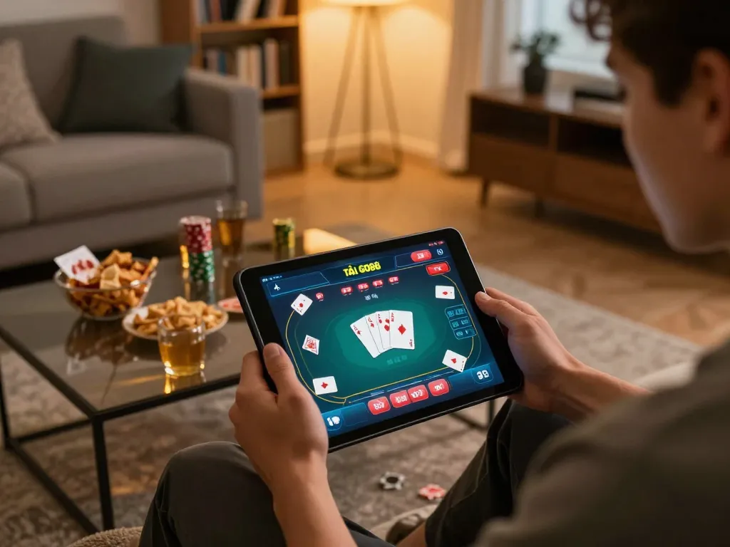 TẢI GO88 app gameplay on a tablet at home, showing an engaging poker interface in a cozy modern living room.