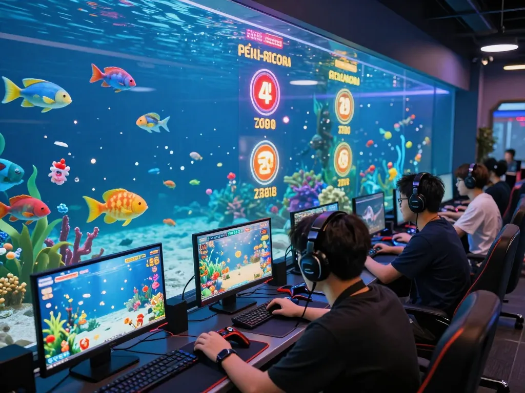 bắn cá mb66 game scene with players immersed in vibrant underwater aquarium, showcasing colorful fish and digital scores.