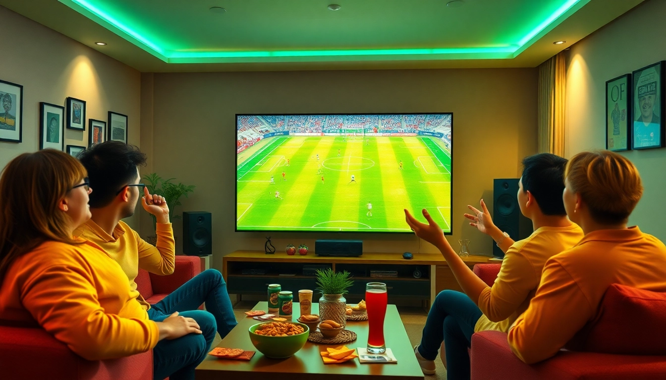 Lương Sơn TV community celebrating a live football match together with vibrant décor and snacks.
