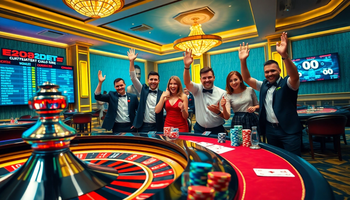 E2bet players celebrating a thrilling win at a luxurious casino table with poker chips and a roulette wheel.
