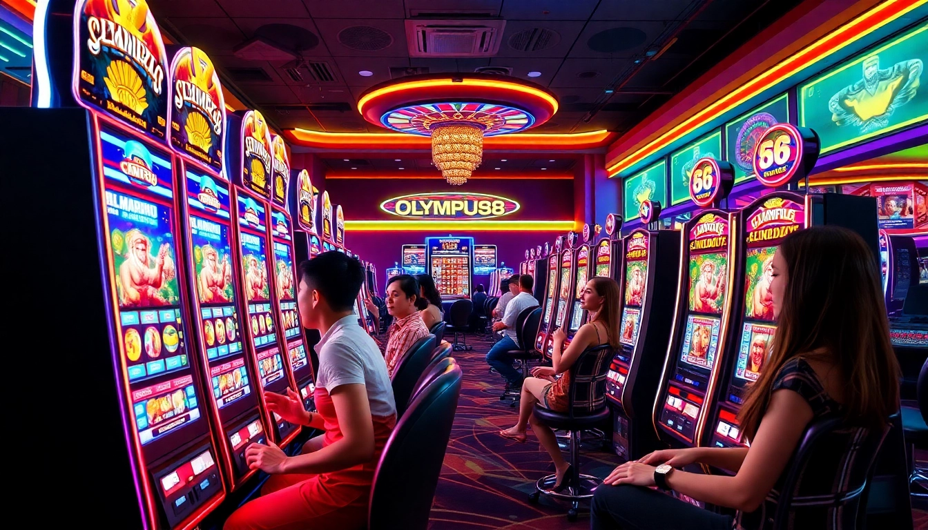 Players enjoying thrilling OLYMPUS88 slot machines in a vibrant casino setting.
