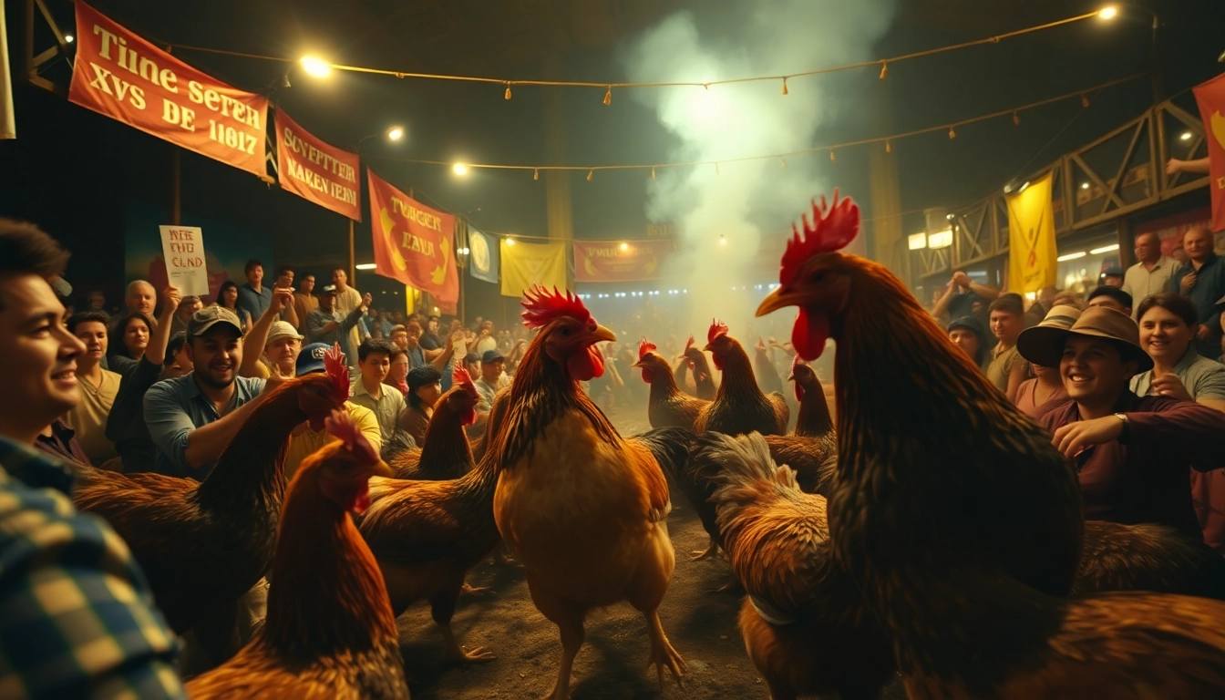 Experience the excitement of XX88 chicken fights, showcasing vibrant crowds and intense matches.