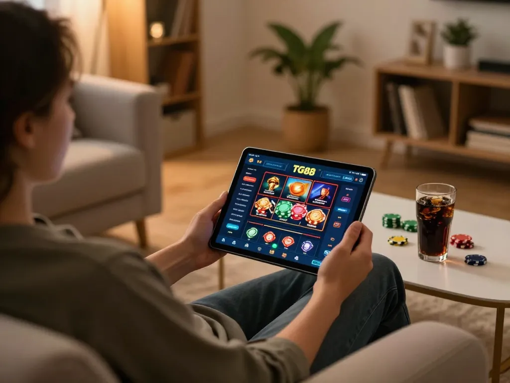 Person engaging with the TG88 app for online casino gaming, enjoying a cozy home setup.
