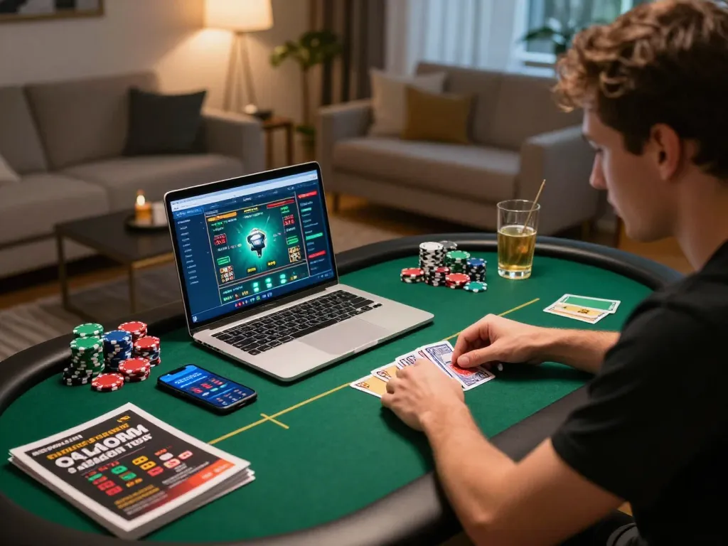 FLY88 player focused on a high-stakes poker game, immersed in online gambling atmosphere.