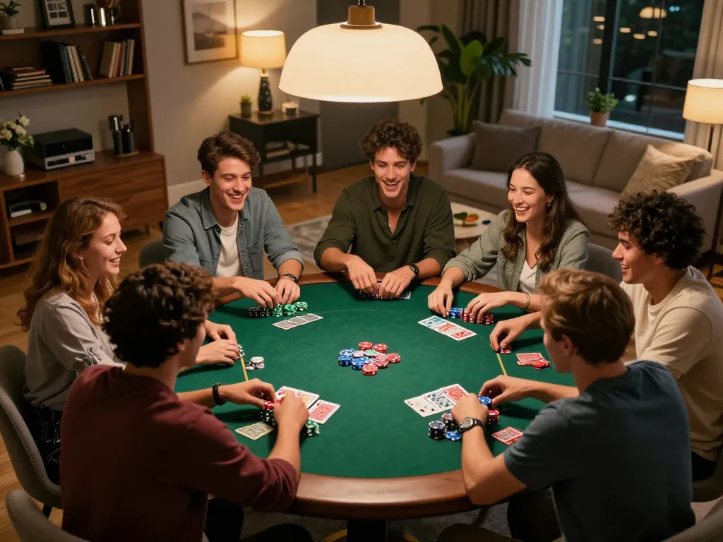 A lively poker night with friends using hargatoto strategies, showcasing engagement at the table.