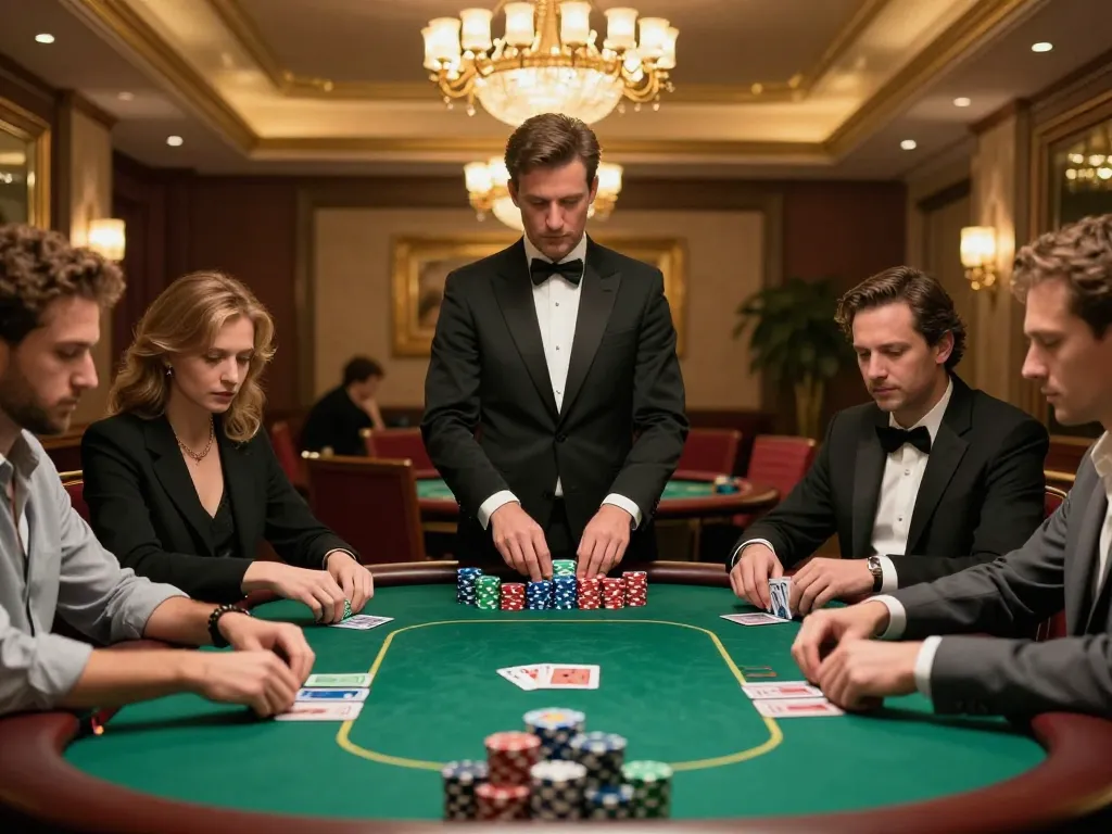 Intense poker gameplay scene at surewin casino with eager players and a skilled dealer.
