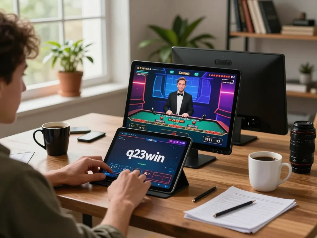 A player strategies their next move while enjoying online casino gaming at q23win.com, with a live dealer game displayed on the tablet.