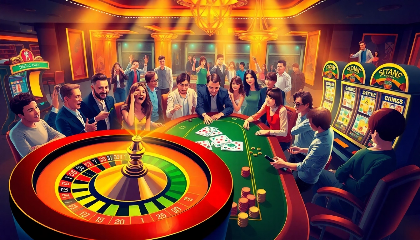 Engage in thrilling gameplay at situs11, featuring a luxurious casino scene with roulette, poker, and vibrant slot machines.