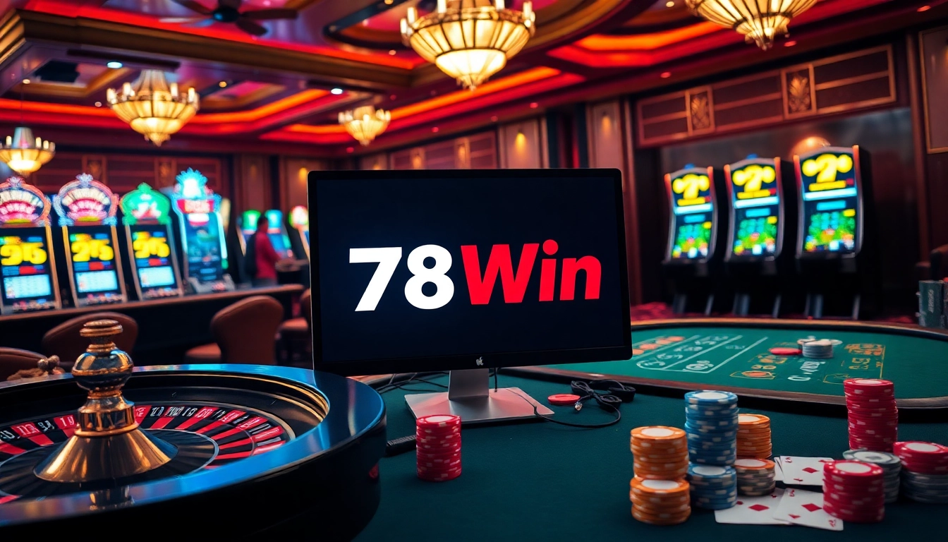 Players enjoying the thrill of 78Win casino games with vibrant roulette and slot machines.
