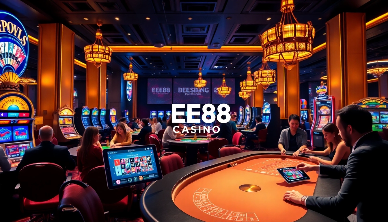 EE88 Casino vibrant online gaming scene with players engaged in poker and roulette