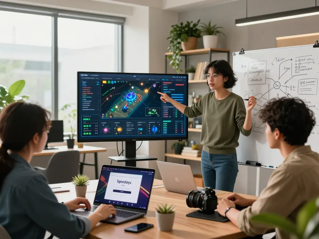 Team collaborating at a digital workspace for ligasedayu login, displaying game analytics and creative ideas.