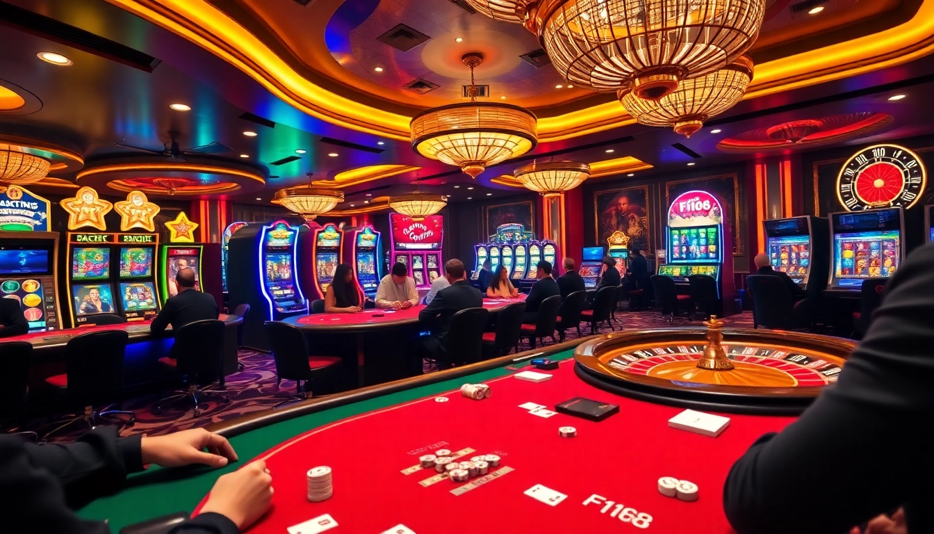F168 online gambling experience showcasing poker and slot games in a luxurious casino setting.