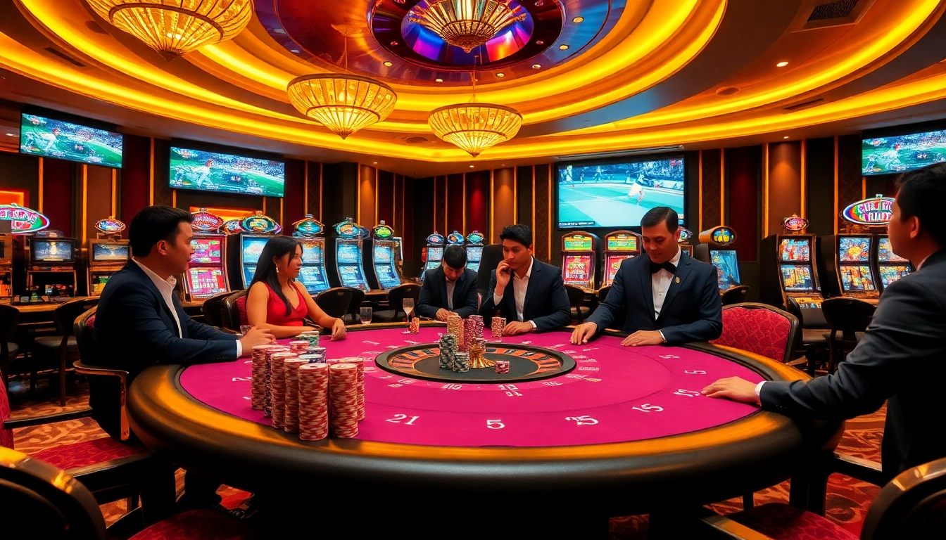 Experience the thrill of gambling at a luxurious setup with lương sơn tv vibes, featuring poker tables and lively atmosphere.