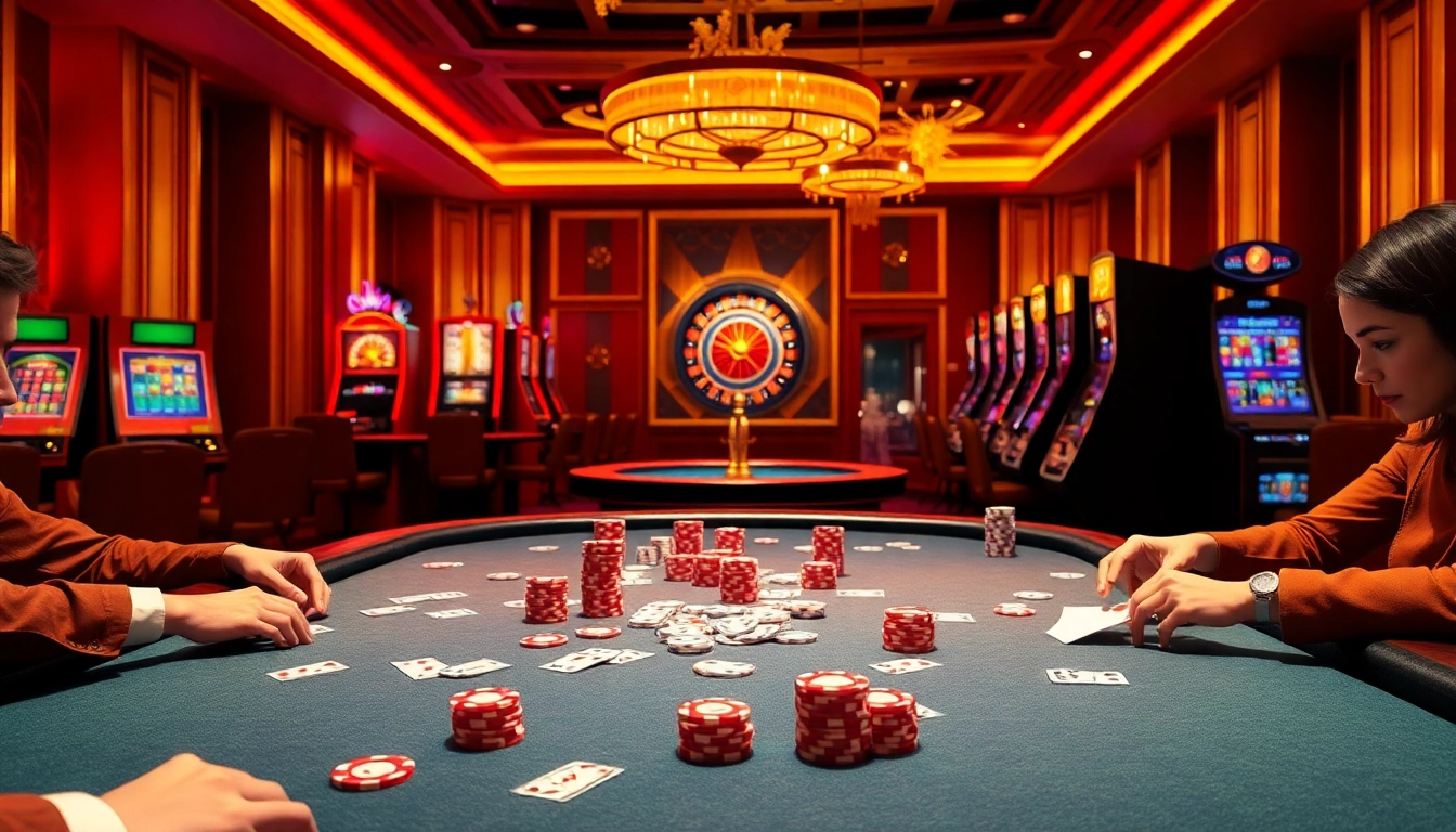 Engage with CM88 at a luxurious casino poker table surrounded by vibrant players and colorful chips.