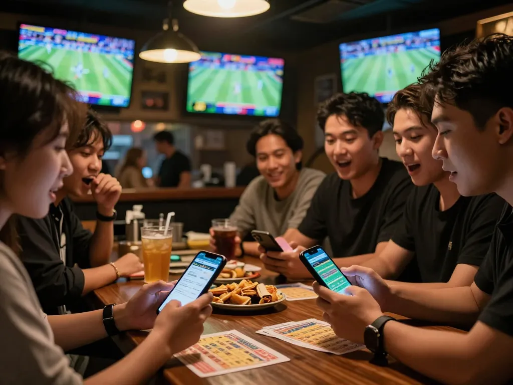 Friends engaging in sports betting excitement on keonhacai, mobile betting apps in hand, at a vibrant bar.